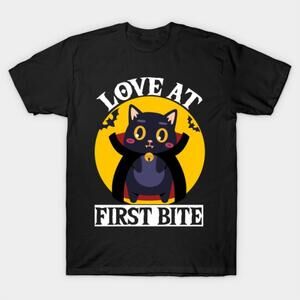 Black Bat Cat Love At First Bite Halloween Tshirt